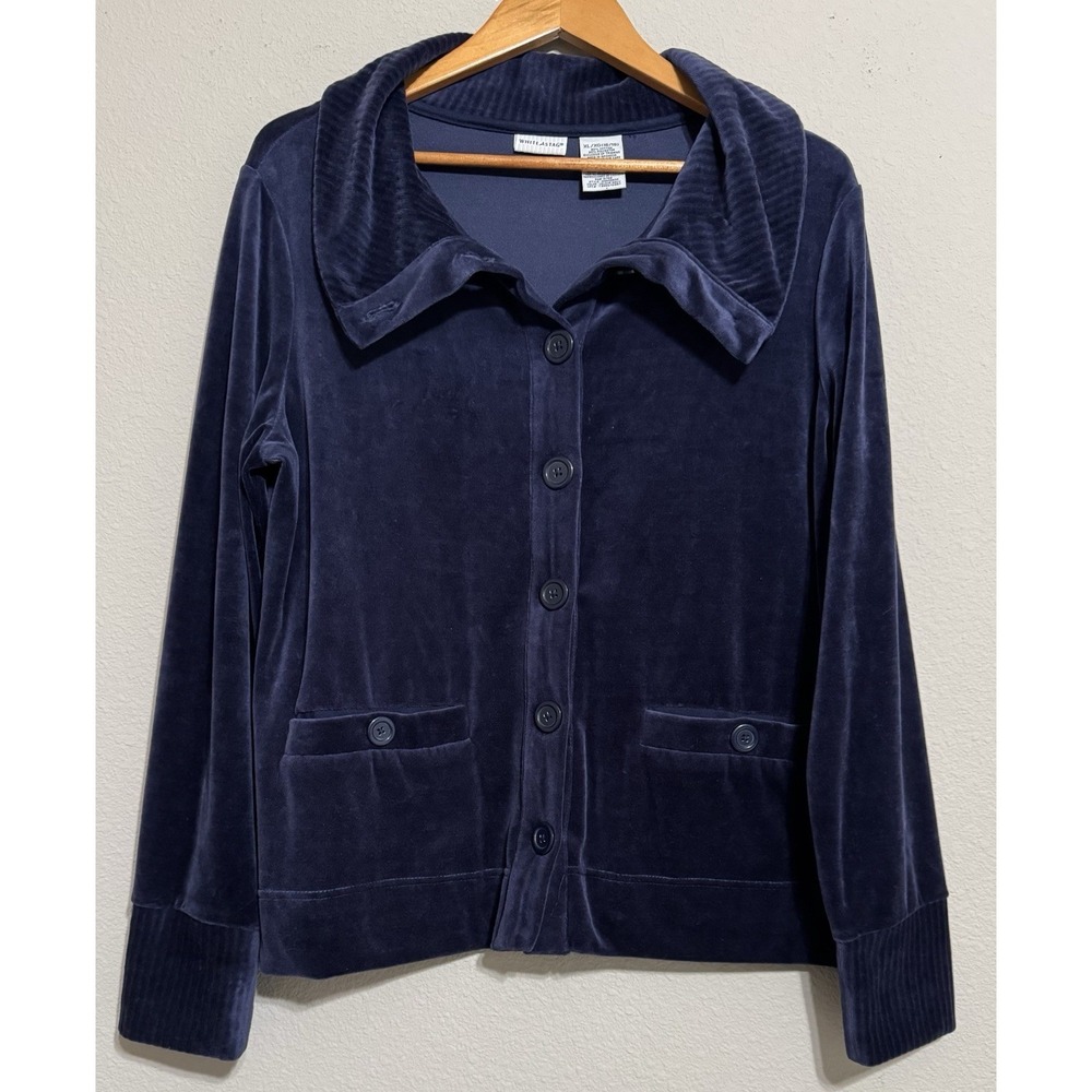 VTG White Stag Women's XL Blue Velour Velvet Jacket Top Button Up Holiday Party